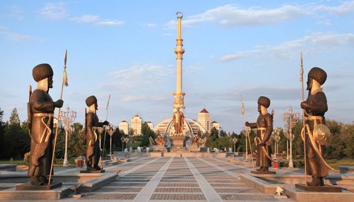 Monumen Arch of Independence in sunset. Ashkhabad. Turkmenistan.